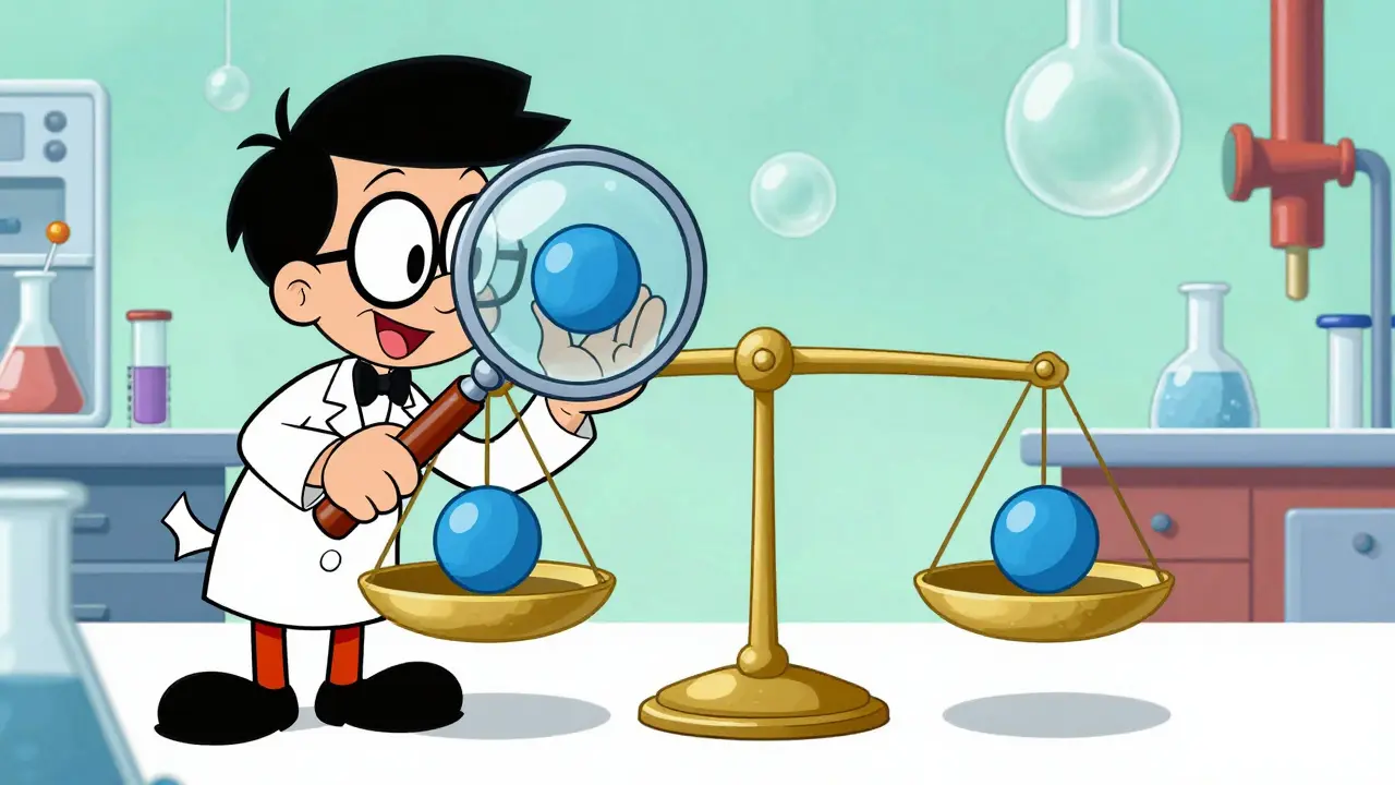 Cartoon scientist using a magnifying glass to show two pills are bioequivalent on a scale.