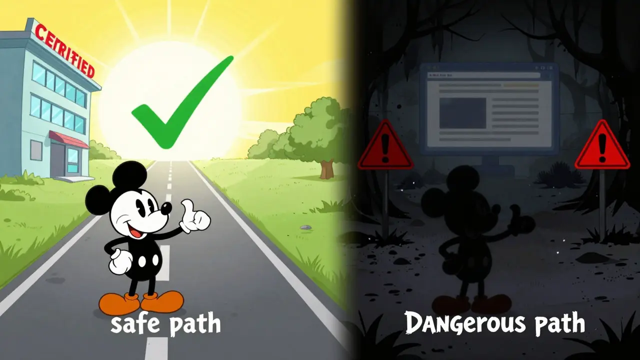 Comparison between a safe certified pharmacy and a risky unregulated site.