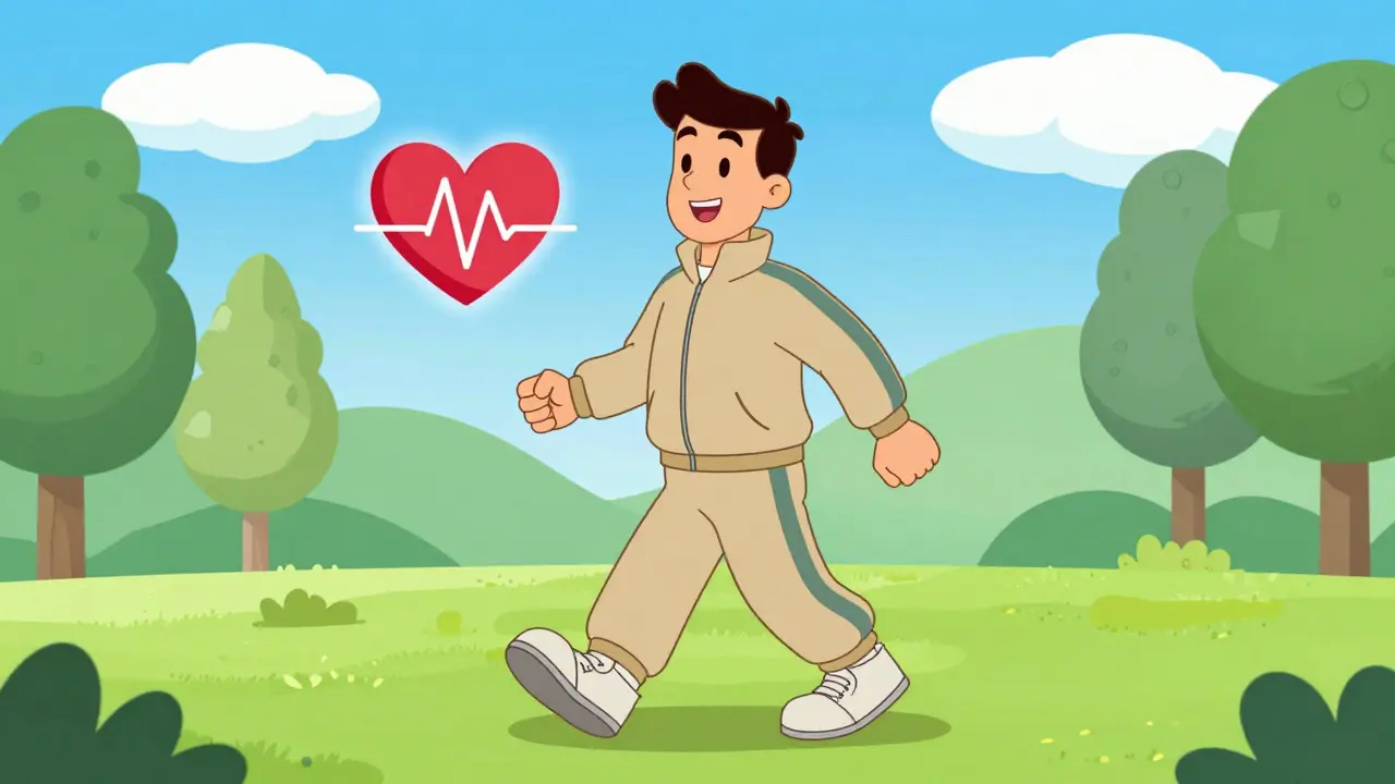Healthy man walking in a sunny park with a heart symbol representing heart health