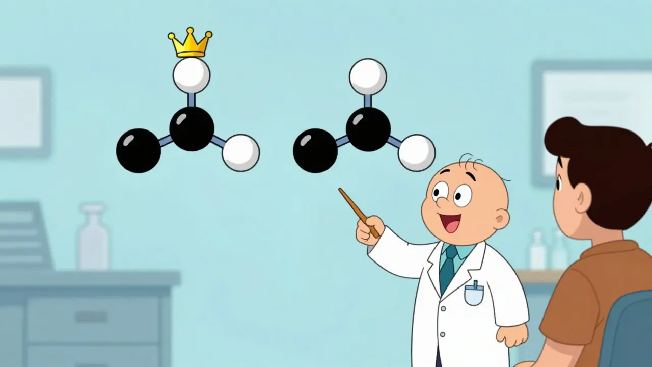 Illustration of a doctor explaining that brand and generic drug molecules are identical