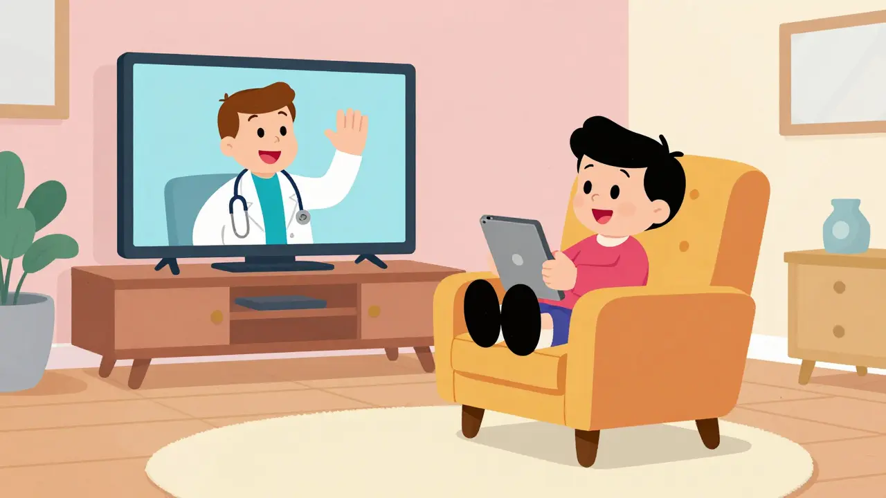 Person having a telehealth psychiatric consultation on a tablet.