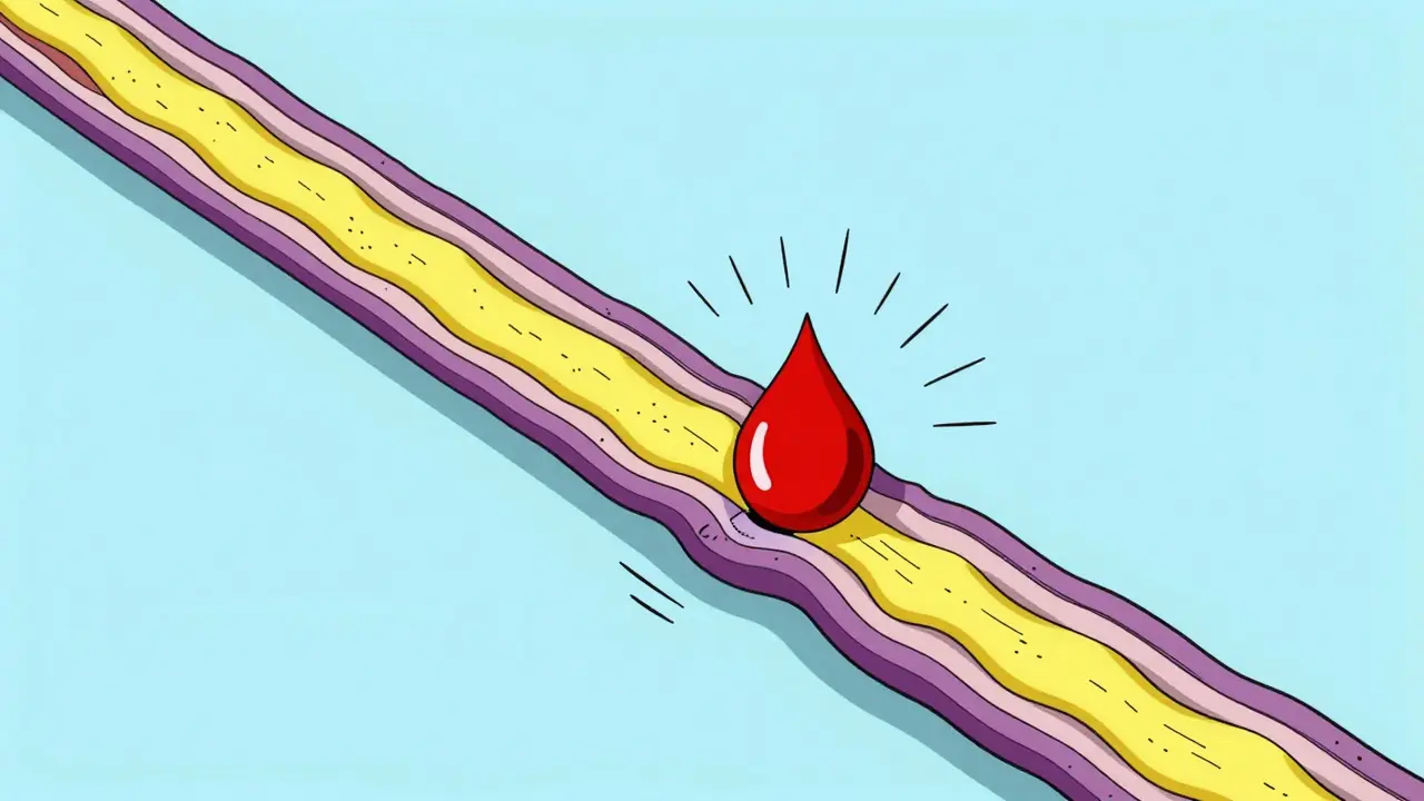 Stylized illustration of a blood clot pressing against spinal nerves in a narrow canal.