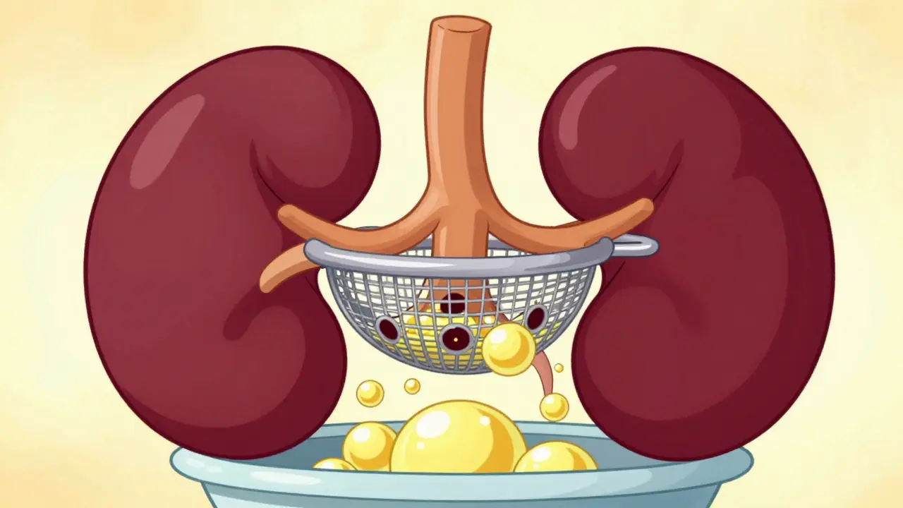 Stylized kidney sieve leaking golden protein bubbles